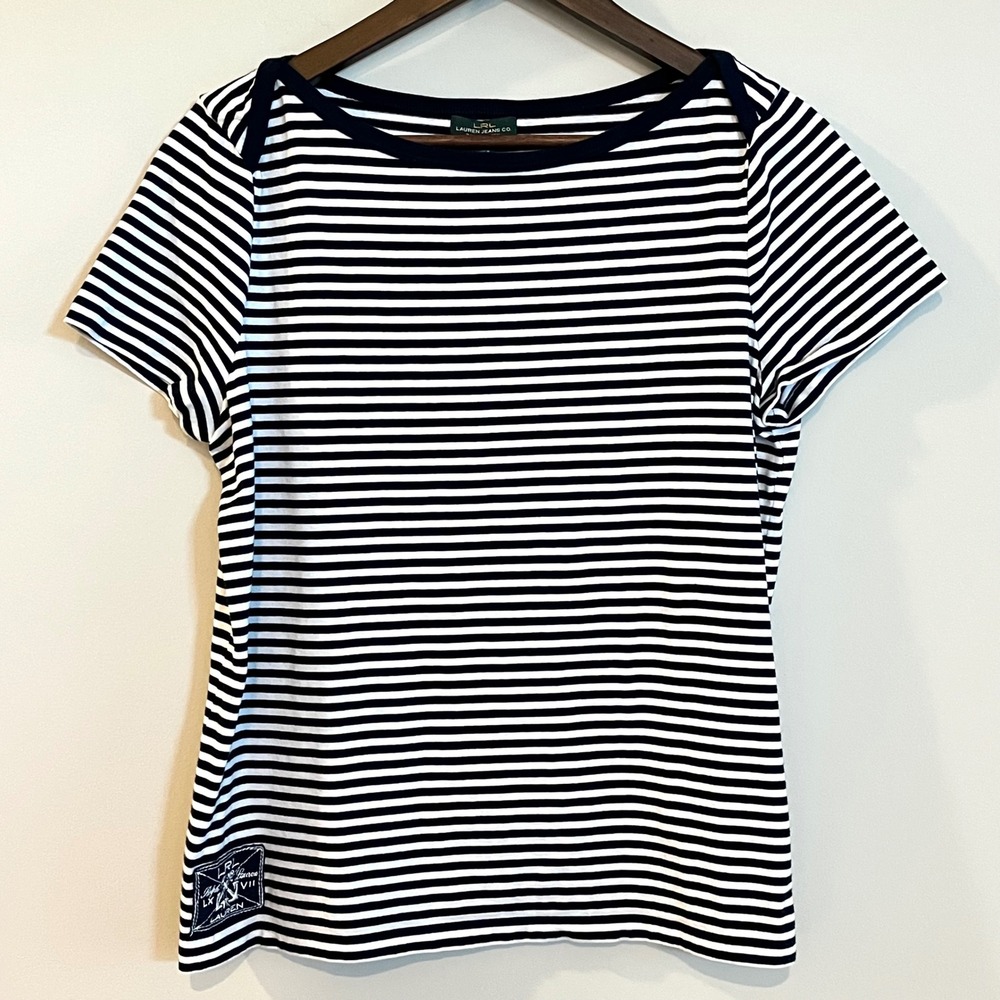 Lauren Ralph Lauren Striped Boat Neck T-Shirt Navy White LRL Anchor Patch Large